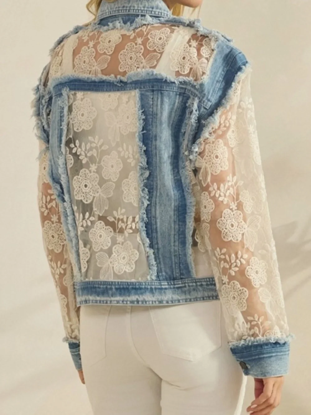 Western Floral Lace Semi Sheer Button Down Frayed Jacket - Picture 6 of 13